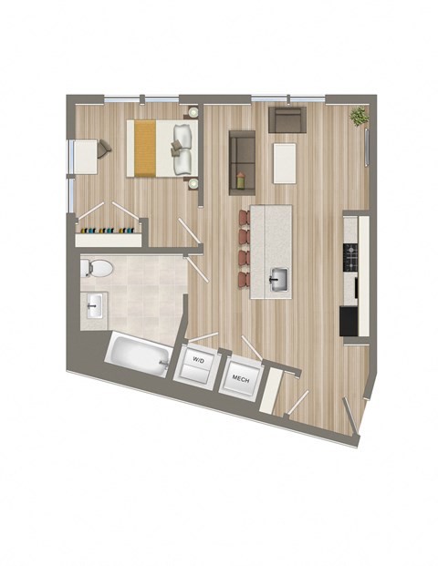 Floor plan for 1 bed, 1 bath, 533 sqft